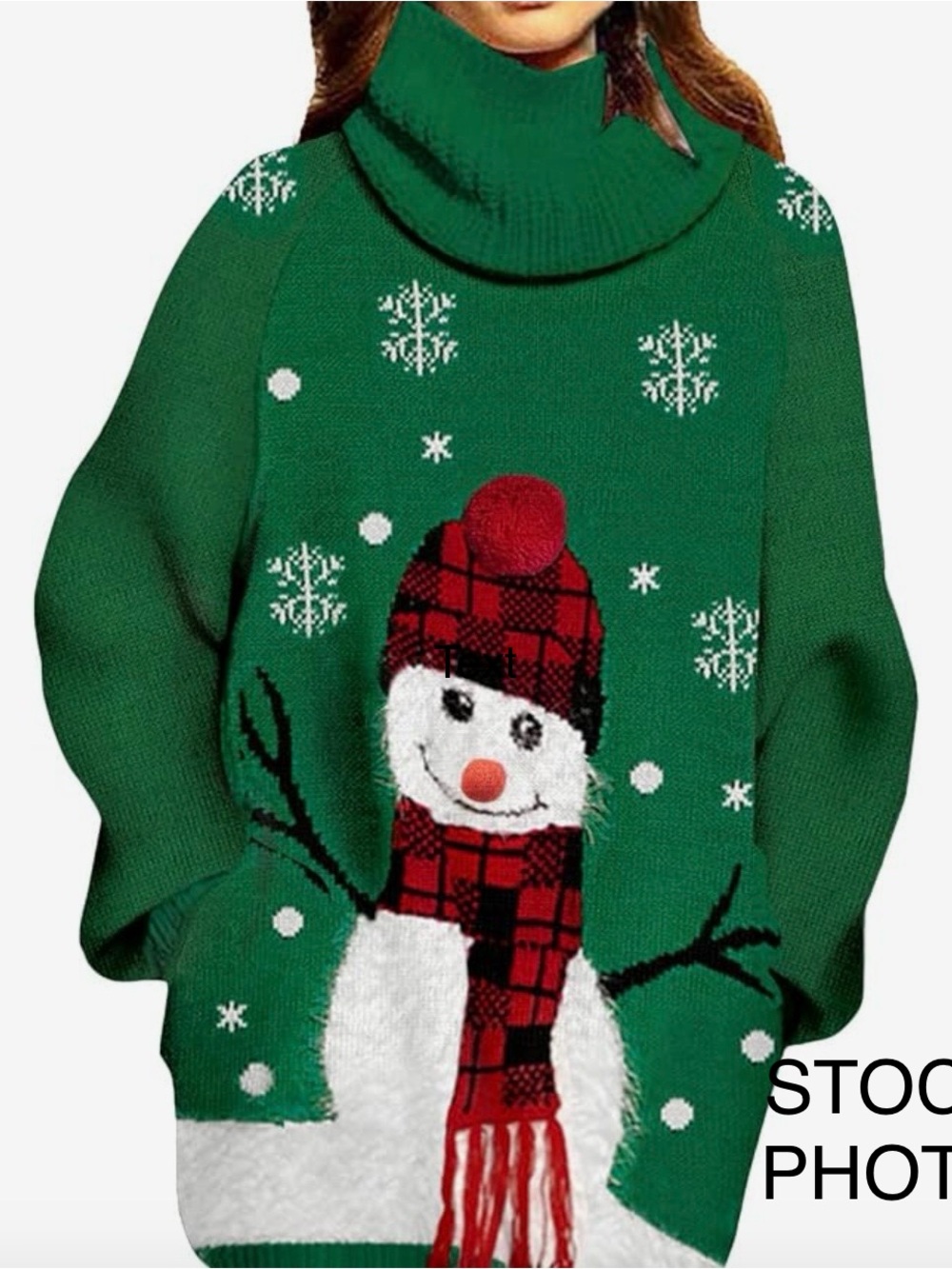 Cozy Green Snowman Turtleneck Sweater with Red Plaid Accent